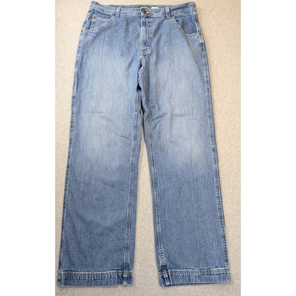 Eddie Bauer Mens Carpenter Pants Blue Jeans 40 x 34 Tall 100% Cotton Baggy Work - Picture 1 of 13